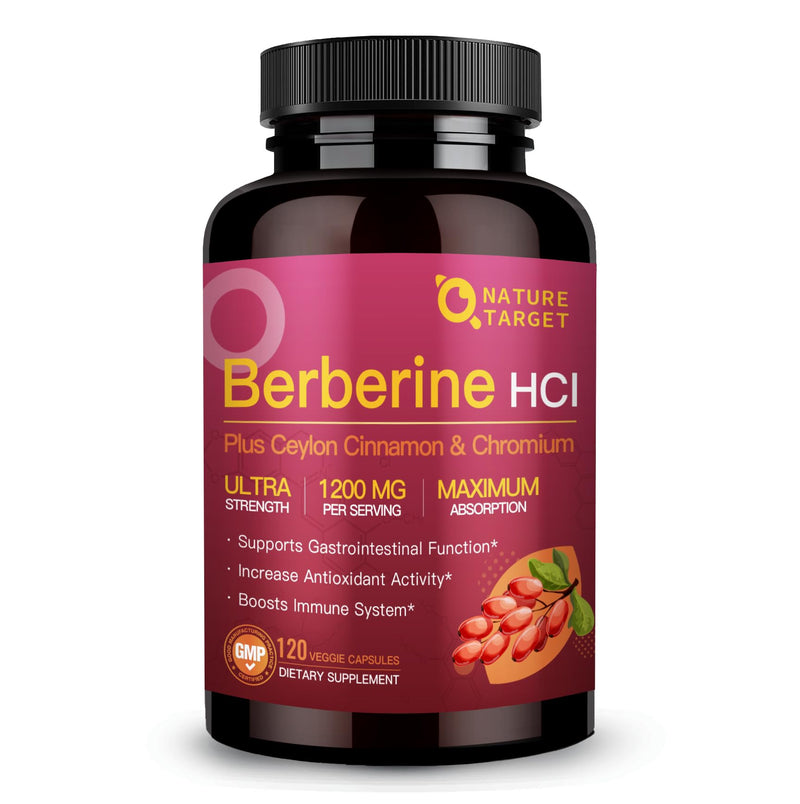 [Australia] - NATURE TARGET Berberine HCl 1200mg, Berberine Supplement with Ceylon Cinnamon, Chromium - Supports Immune, Gastrointestinal & Heart Health, Non-GMO, 120 Capsules 120 Count (Pack of 1) 