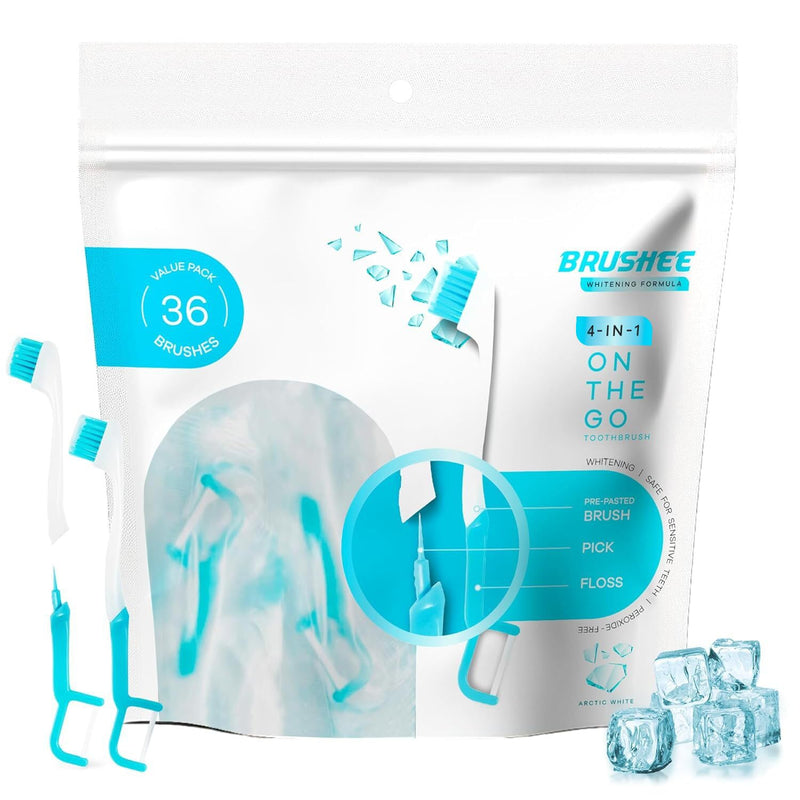 Brushee Disposable Travel Toothbrush, Whitening Prepasted 4-in-1, 36-Pack | Built-In Paste, Brush, Floss & Pick; Removes Stains, Soft Bristles; Great for Braces & Aligners; Choking Hazard Under 3 36 Count (Pack of 1)