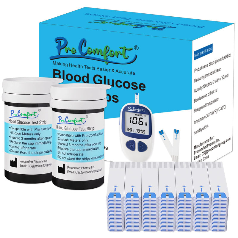 [Australia] - Blood Glucose Test Strips for Diabetes 100 Count Blood Sugar Test Strip, Used with Pro Comfort Glucose Monitor Only, No Coding 