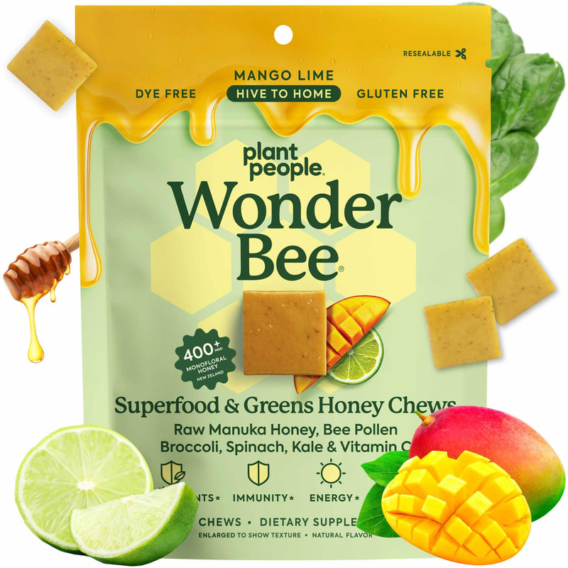 Plant People WonderBee Super Greens Manuka Honey Chews, Mango Lime 30ct | Bee Pollen, Super Greens & Vitamin C, Immune Support, Antioxidants & Energy Boost, Mango Lime (30 Count) Mango Lime - Immunity, Gut Health & Overall Vitality