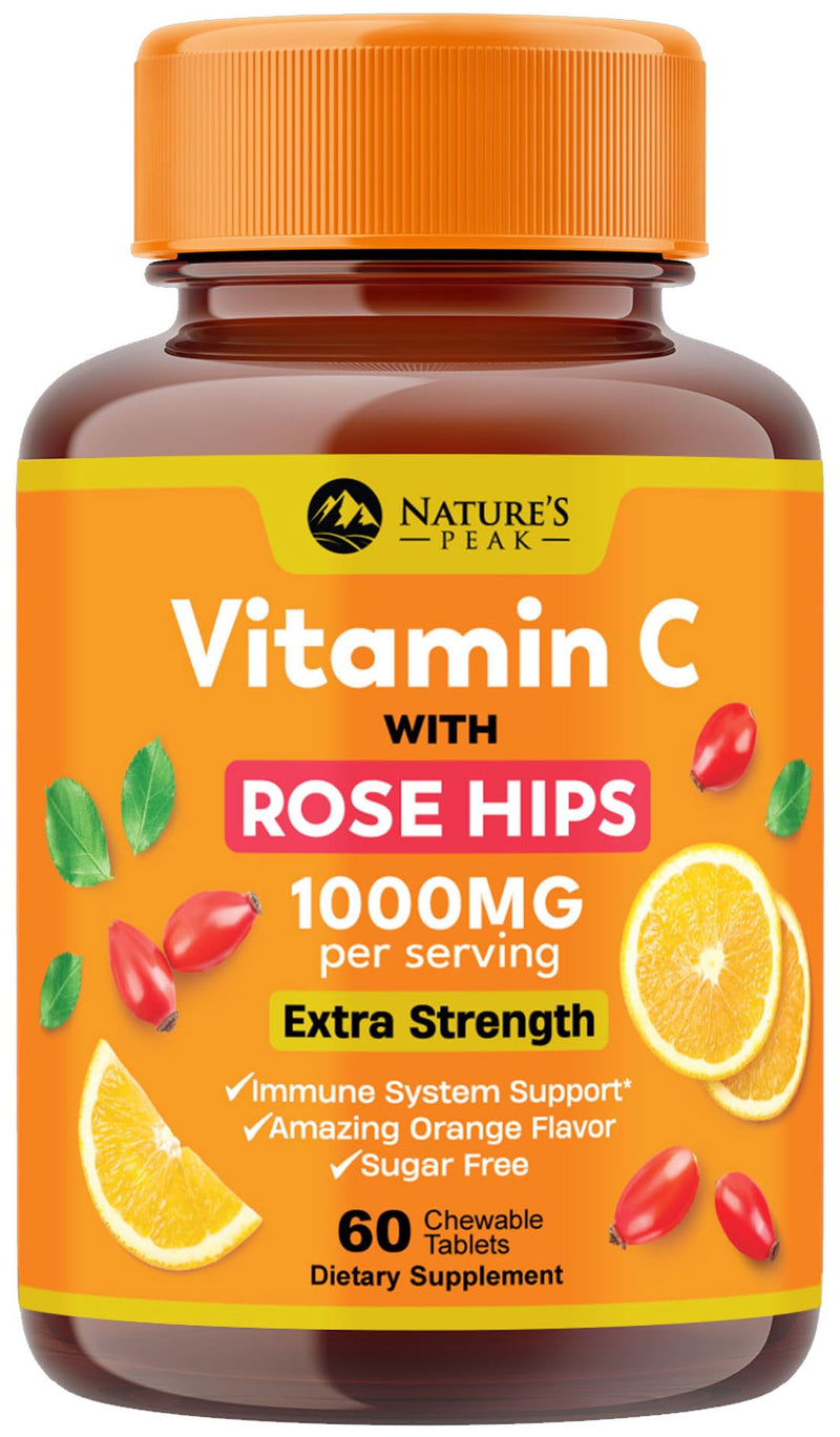 Vitamin C 1000mg Per Serving - Extra Strength Daily Immune Support with Rose Hips Chewable Supplement - Sugar Free Tasty Orange Flavor - Antioxidant & Collagen Support - USA Bottled - 60 Tablets 60 Count (Pack of 1)