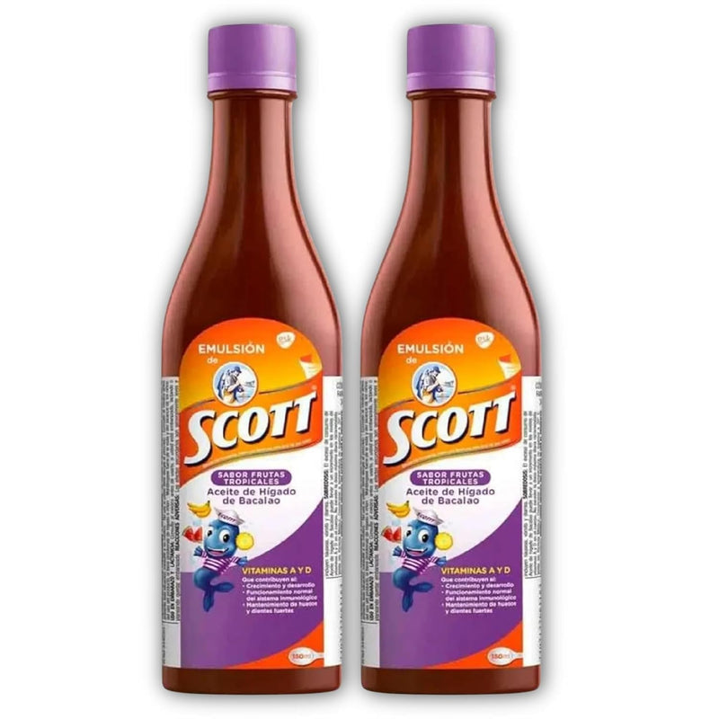 Emulsion de Scott Aceite de hígado de bacalao sabor Frutas Tropicales Pack de 2 de 6.1 fl oz - 180 ml - Suplemento dietético para niños con vitamina A y Calcio -