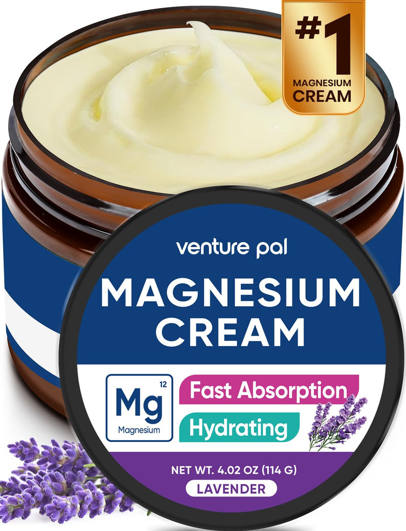 Venture Pal Topical Magnesium Cream, Highly Concentrated Magnesium Lotion | Fast-Absorbing Magnesium Moisturizing Cream with Coconut Oil, Shea Butter & Hyaluronic Acid; Suitable for Kids 4 Fl Oz (Pack of 1) V1-Lavender