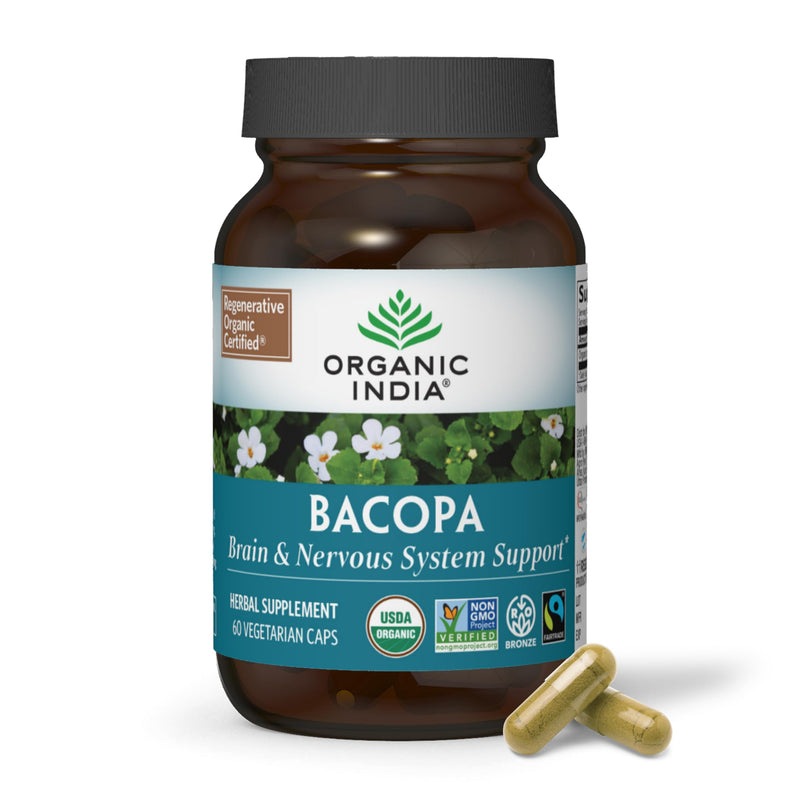 [Australia] - ORGANIC INDIA Bacopa Supplement - Bacopa Monnieri Organic, Brain, Focus, & Memory Support for Women & Men, Ayurvedic Herbs, Non GMO, Fairtrade Certified - 60 Vegan Capsules 
