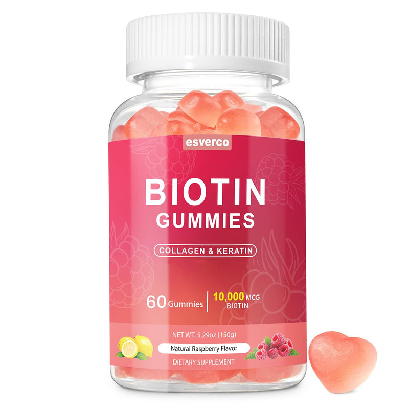 Biotin 10000mcg Keratin Collagen Gummies Hair Nail Vegan Raspberry 60 Count | For Women, Vegan, Vitamin C, Hair Nail Growth & Strengthener, Daily Supplements 60 Count (Pack of 1)