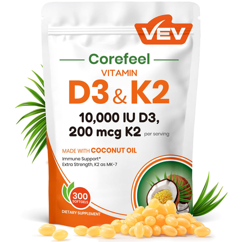 [Australia] - VEV Corefeel Vitamin D3 K2 10,000 IU, 200 mcg MK-7, 300 Coconut Oil Softgels, 2 in 1 Vitamins Supplement D & K (Include MK7), Easy to Swallow, Supports Calcium Absorption, Bone Health Unflavored 10000 IU Softgels 300 Count (Pack of 1) 