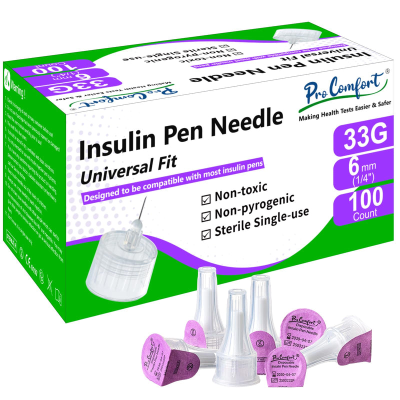 [Australia] - Pro Comfort Insulin Pen Needles 33G 6mm (1/4"), Diabetic Needles for Insulin Injections, 100 Ct, Universal Fit, Compatible with Most Pen Injector Device, Super Thin for Diabetes Comfortable Injection 