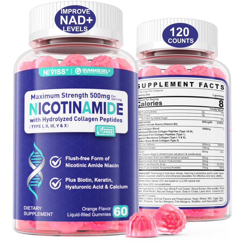 Nicotinamide 500mg Gummies, Niacinamide Supplement + Collagen,120 Counts | (Flush Free Niacin) Vitamin B3 Niacinamide for Anti-Aging, NAD+ Levels, Longevity, Energy, Focus & Brain Health, Sugar Free 60 Count (Pack of 2)