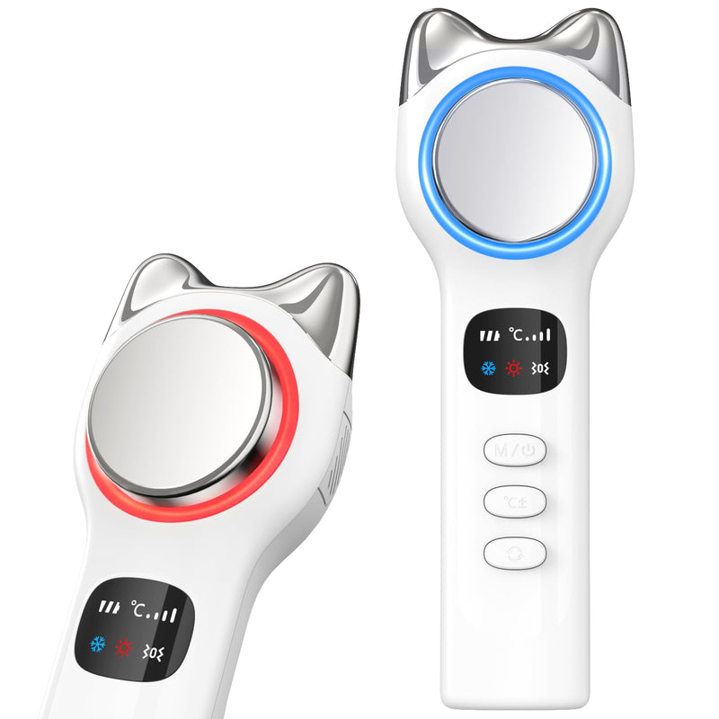 Warming and Cooling Firming Device, Light Face Tool with Vibration, Electric Skin Care Kit, Facial Massager with 46-70℉ Cold, 100-117℉ Hot White