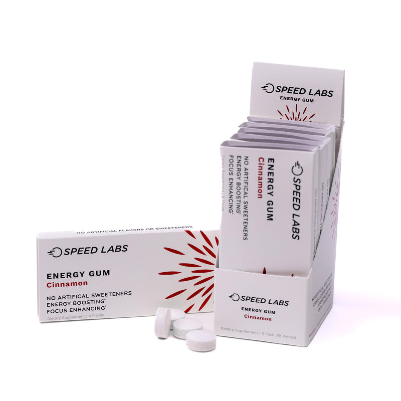 [Australia] - Speed Labs Cinnamon Natural Caffeine Energy Gum 25mg Caffeine, Taurine, B Vitamins Per Piece, 48 Pieces (6 Packs of 8) Sugar Free, Zero Calories, Naturally Sweetened, Gluten Free 