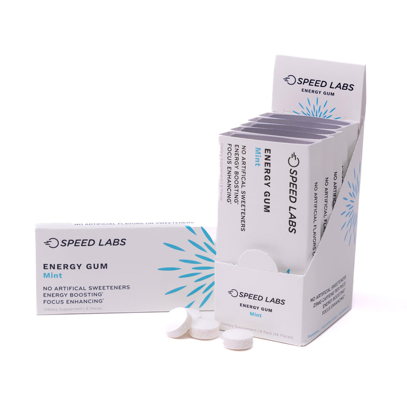 [Australia] - Speed Labs Mint Natural Caffeine Energy Gum 25mg Caffeine, Taurine, B Vitamins Per Piece, 48 Pieces (6 Packs of 8) Sugar Free, Zero Calories, Naturally Sweetened, Gluten Free 