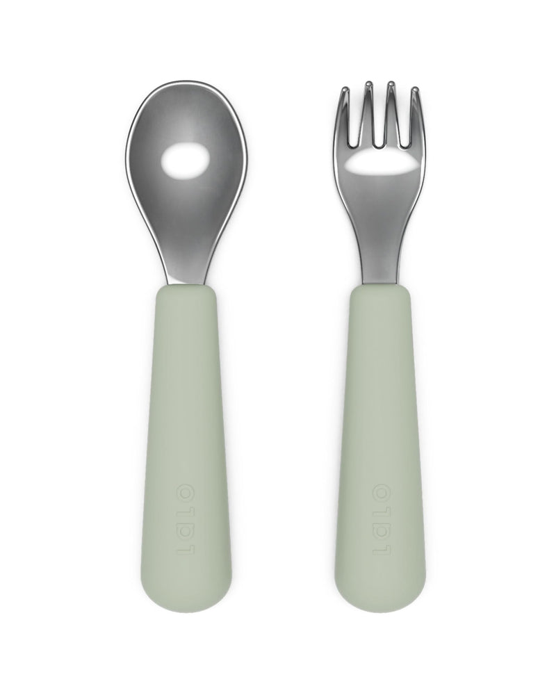 [Australia] - Lalo Utensils - Toddler Fork and Spoon Set - Stainless Steel and Silicone Ergonomic Toddler Utensils - Children Safe Flatware Set - 2 Pieces - Sage 