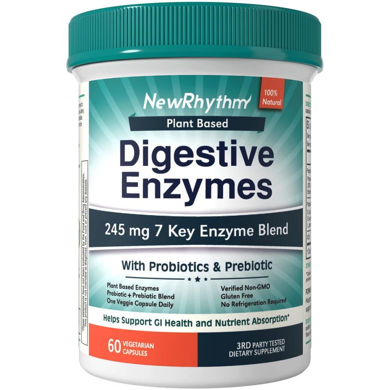 [Australia] - NewRhythm Digestive Enzymes 245 mg, with Probiotics and Prebiotics, Plant Based, 7 Key Enzymes, Digestion, Nutrient Absorption, Protease Amylase & Lipase, 60 Vegan Capsules 