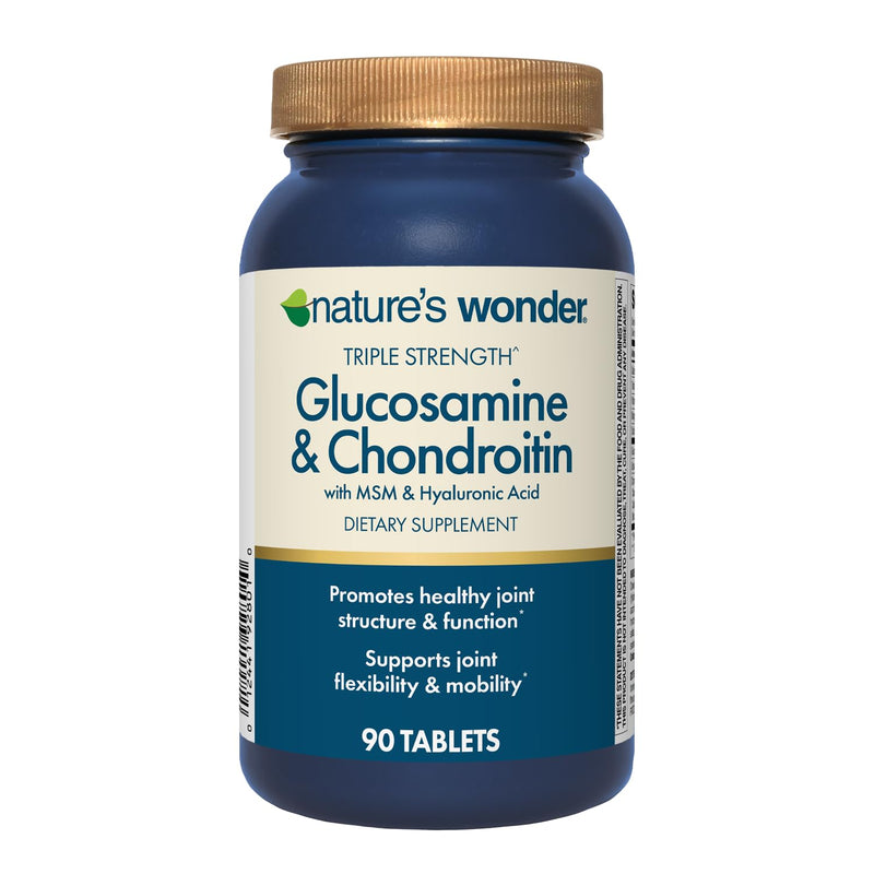 [Australia] - Nature's Wonder Triple Strength Glucosamine Chondroitin with MSM and Hyaluronic Acid and Boswellia for Joint Health, Supports Joint Flexibility and Mobility, 45 Day Supply, 90 Tablets 90 Count (Pack of 1) 
