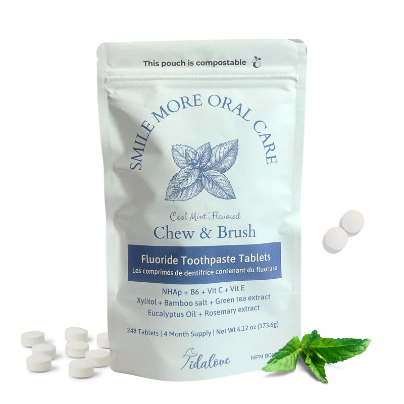 [Australia] - Smile More Toothpaste Tablets with Fluoride & nHAp - Vegan, Enamel Strengthening, Zero Waste, Paper Refill, 248 Tablets, Cool Mint, 4 Month Supply, Travel-Friendly 
