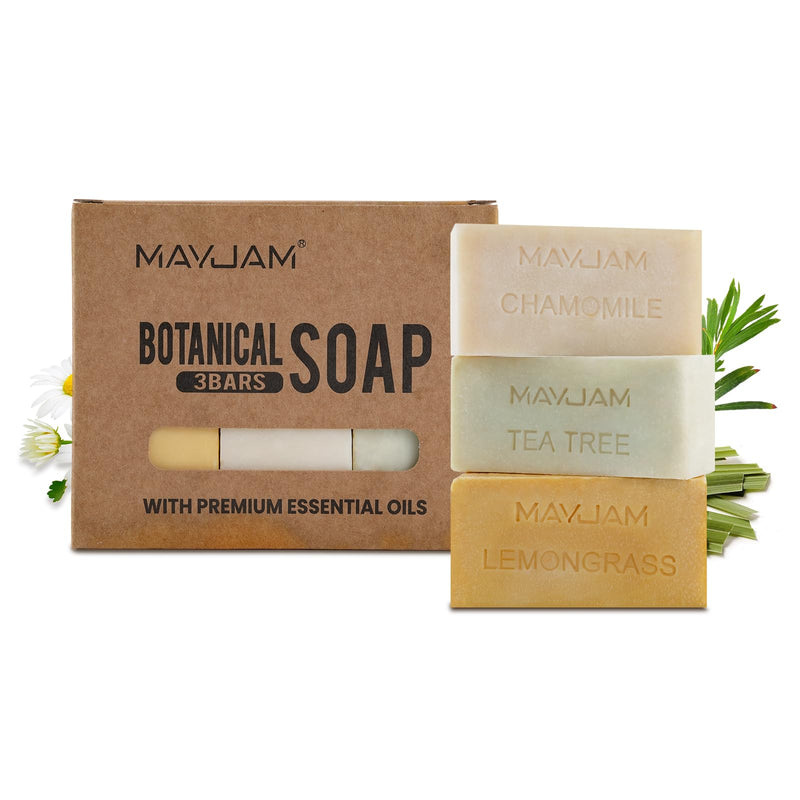 MAYJAM Botanical Bar Soap with Essential Oil, Vitamin E for Body Skin Face | Cold Processed, Handmade, with Lemongrass, Tea Tree, Chamomile Oil for All Skin Type, Men and Women Lemongrass, Tea Tree, Roman Chamomile