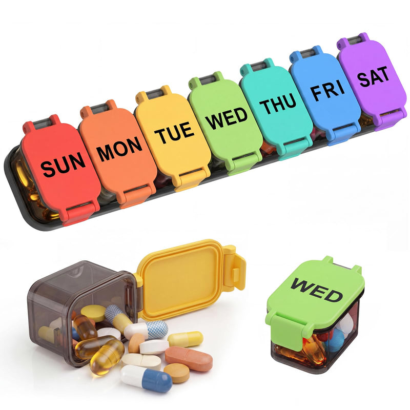 Yaklim Extra Large Weekly Pill Organizer, Detachable 1 Time a Day Pill Box | XXL 7 Detachable Compartments / Easy to Open & Fill / Waterproof Seals / For Big Vitamins & Supplements / Easy Readability Rainbow
