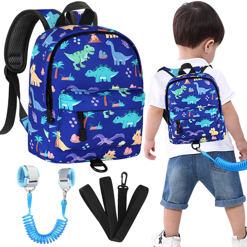 [Australia] - Accmor Toddler Backpack Leash, Cute Dinosaur Kids Backpack with Anti Lost Wrist Link, Mini Child Backpack Leash Walking Harness for Outdoor Travel, Adorable Backpack Tether for Baby Boys 1-3 Blue/Volcanic Dino, Blue Link 