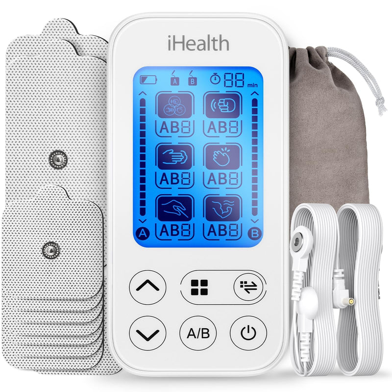 iHealth Dual-Channel TENS Unit Stimulator with 24 Modes & 90-Hour Battery | 15 Intensity Levels, 10 Multi-Size Pads, Adjustable Timer, and Eligibility for Relief at Home or On the Go