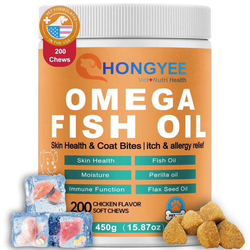 Pet Skin and Coat Care - Omega 3 Fish Oil 200 Chews for Dogs Healthy Skin | Shiny Fur | Against itching in a Treat Format, All-in-1 Oil (Salmon, Anchovy, Sardine, Perilla Oil, Flaxseed Oil) - PawsPlanet Australia