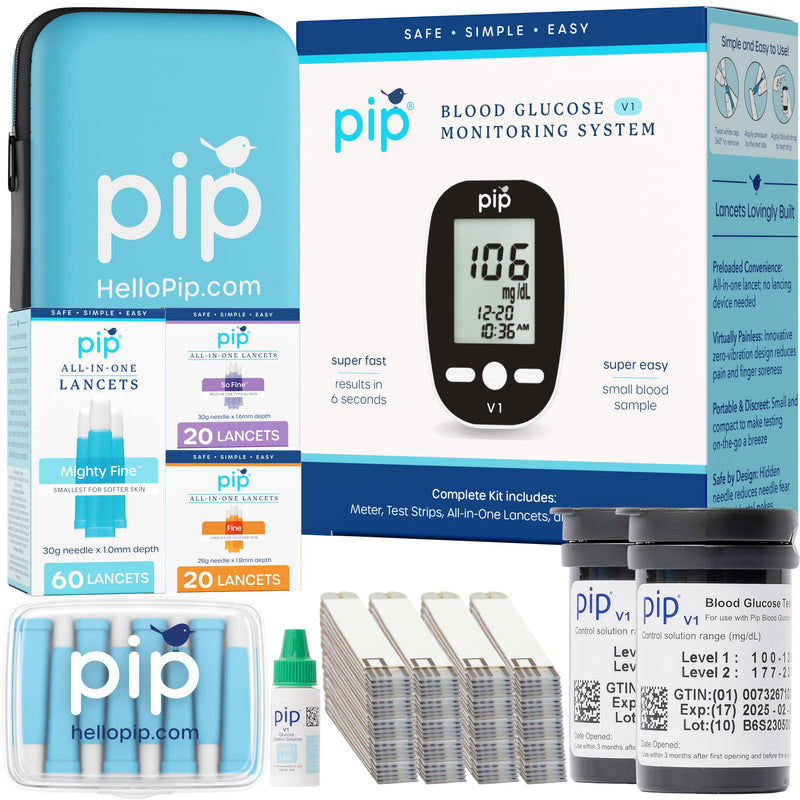 [Australia] - Pip Blood Glucose Monitor Kit - Preloaded Lancets, No Lancing Device Needed - Virtually Painless Fingersticks - Meter, 100 Test Strips, 100 Single-Use Safety Lancets, Travel Case, Control Solution 100ct Kit 