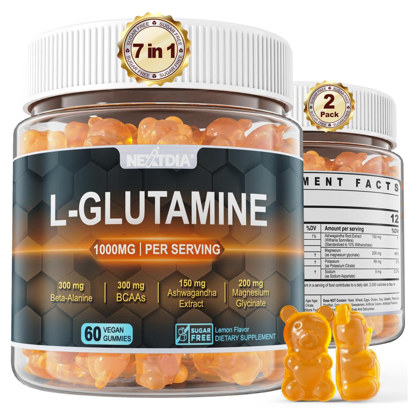 [Australia] - L-Glutamine 1000mg Gummies for Women & Men| with Beta-Alanine, BCAAs, Magnesium Glycinate, Potassium & Ashwagandha | Vegan | Sugar-Free & Extra-Chewy | 120 Counts 60 Count (Pack of 2) 