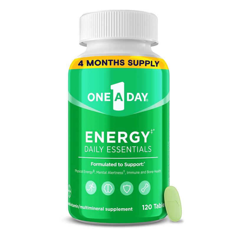 One A Day Energy Daily Essentials Multivitamin, Energy Supplement to Support Mental Alertness and Immune Health with Vitamins A C, D, E, Zinc and Caffeine, 120 Count 120 Count (Pack of 1)