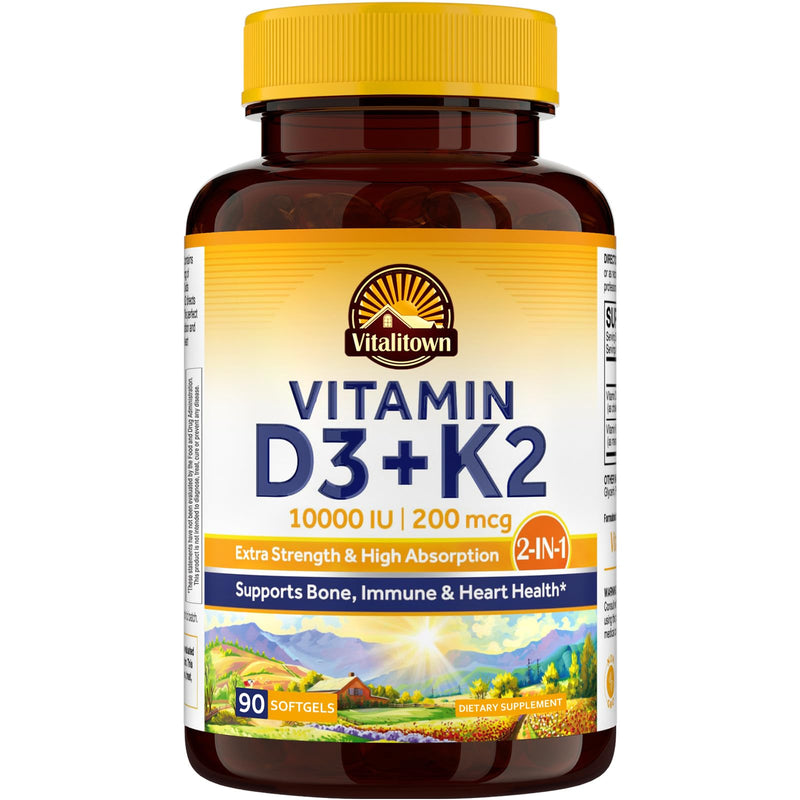 [Australia] - Vitalitown Vitamin D3 K2 Supplement, Vitamin D3 10000 IU Vitamin K2 (MK7) 200 mcg, 90 Softgels, Non-GMO, No Gluten & Soy, for Bone, Teeth, Immune & Heart Health 90 Count (Pack of 1) 