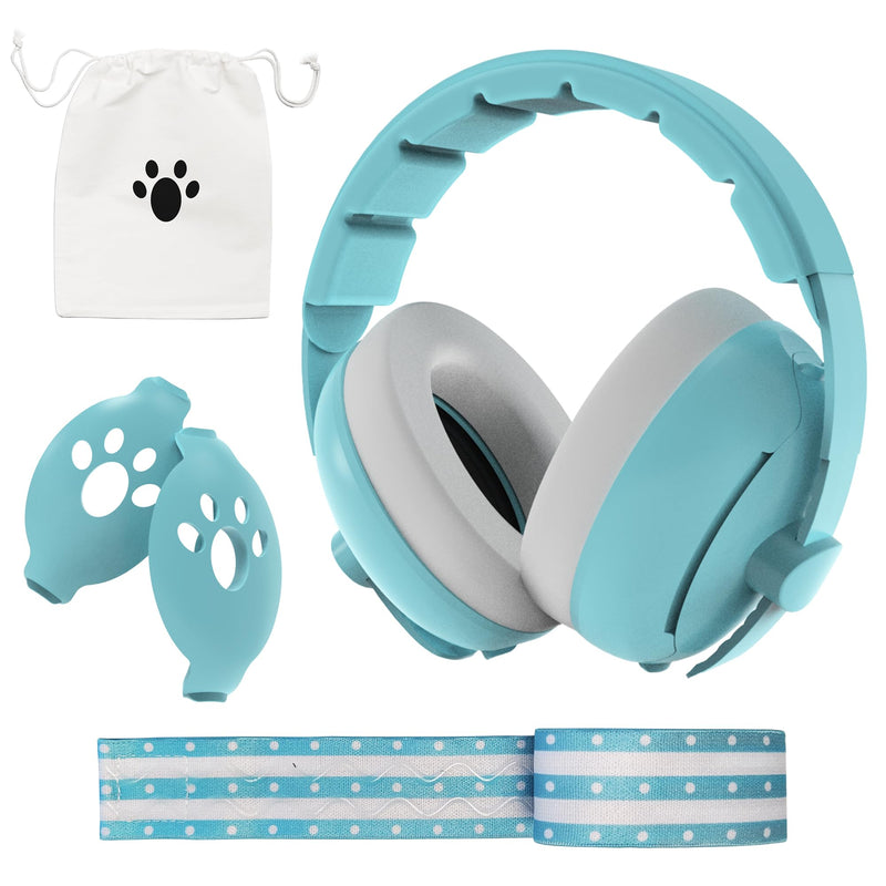[Australia] - Moonybaby 2-in-1 Baby Ear Protection, Comfortable Headphones, Noise Cancelling, Adjustable Baby Headphones with Stretchy Band Blue 
