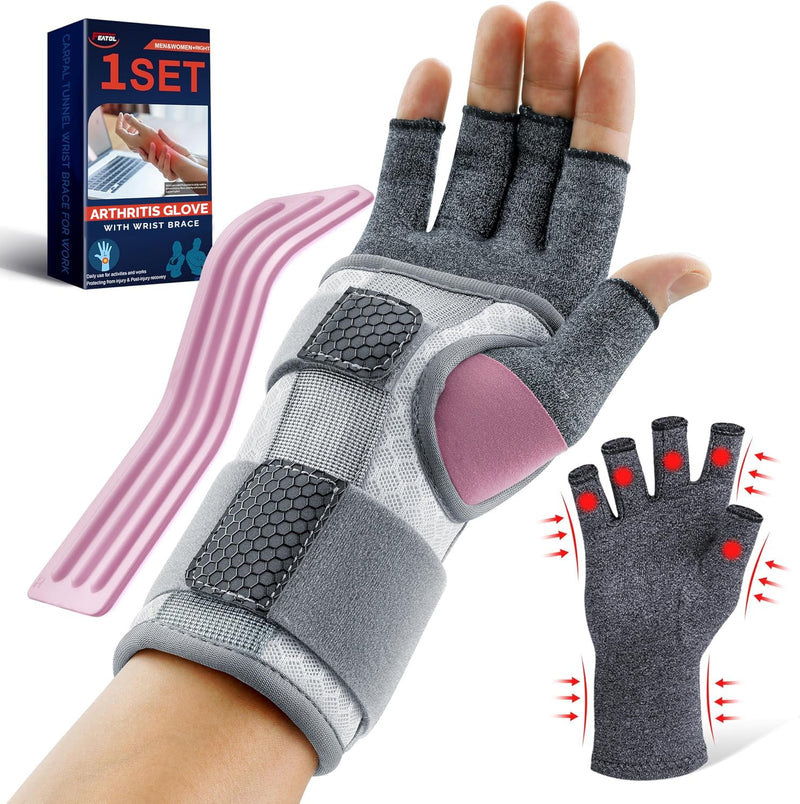 [Australia] - FEATOL Compression Arthritis Glove with Wrist Brace, Comfortable Fingerless Carpal Tunnel Hand Gloves for Women Night Support, Pain Relief for Rheumatoid Arthritis, Work, Typing - Right Hand, Medium Right Hand-Gray 