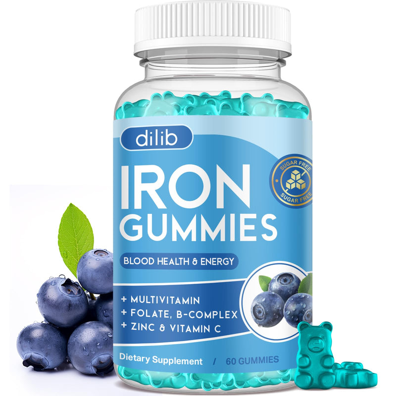 Iron Gummies with Multivitamin, Iron Supplement for Women & Men with Zinc, Vitamin B Complex & C, B12, Folate - Blood Builder & Energy Support for Adults & Kids - Blueberry Flavor, Vegan 60 Gummies 60 Count (Pack of 1)