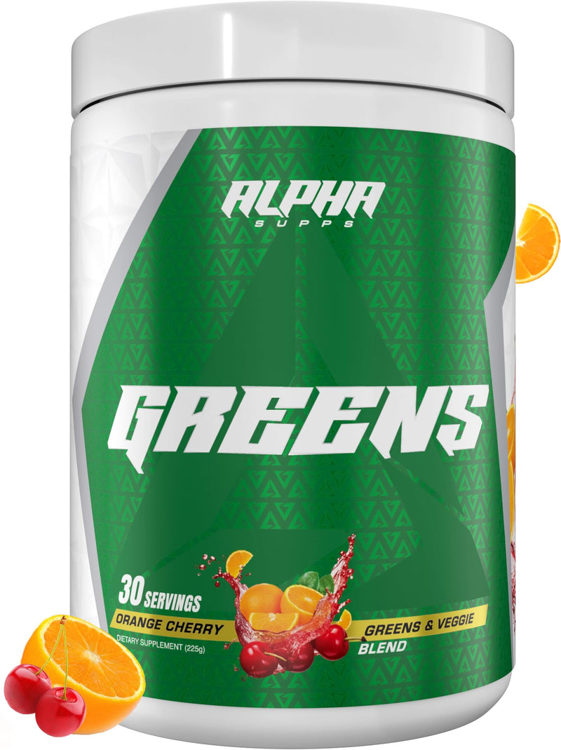 Alpha Supps - Alpha Greens Supplement | Fruit & Vegetable Superfood Powder | Over 40 Natural Plant Based Ingredients | Prebiotic & Probiotic Digestive Support Blend - 30 Servings (Orange Cherry) Orange Cherry