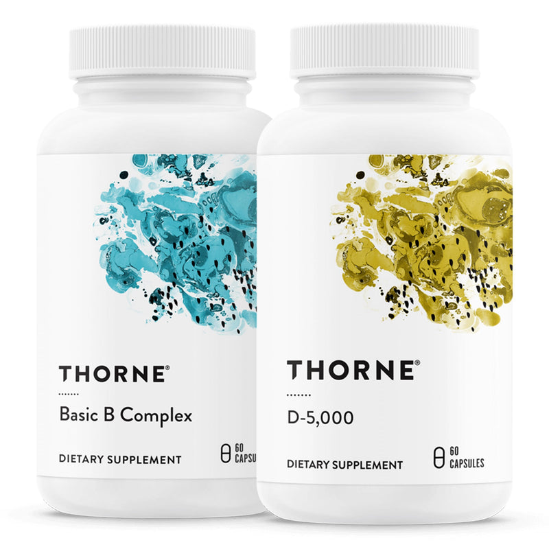 THORNE - Basic B Complex (60 Capsules) & Vitamin D-5000 (60 Capsules) Bundle - Supports Cellular Energy Production, Brain Health & Healthy Bones - Gluten, Dairy & Soy-Free