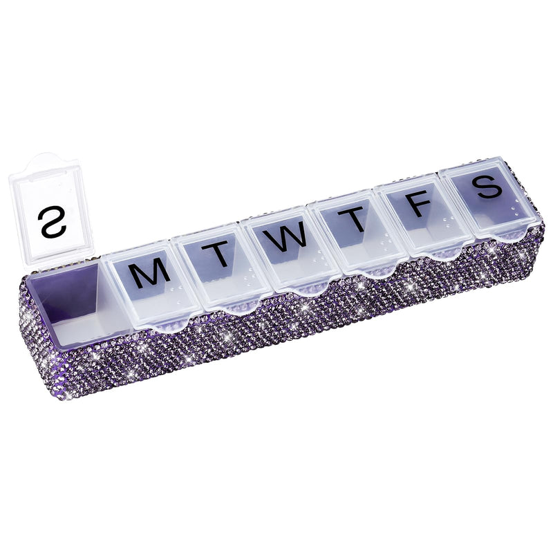 Soleebee Portable Weekly 7 Day Pill Organizer, Bling Crystal Pill Box Case, Travel Pill Planner, Pill Dispenser, Medicine Vitamin Container Organizer (Purple) Purple