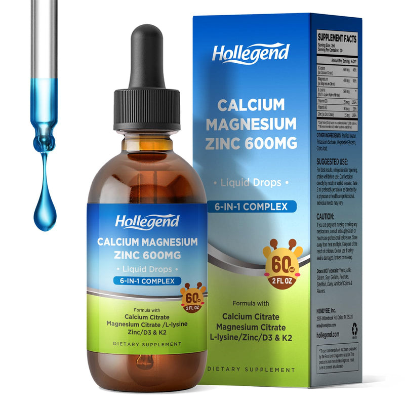 Liquid Calcium Citrate Drops 600mg with Vitamin D3 & K2, 2 Fl Oz | L-Lysine 500mg, Magnesium & Zinc, For Kids & Adults 2 Fl Oz (Pack of 1)