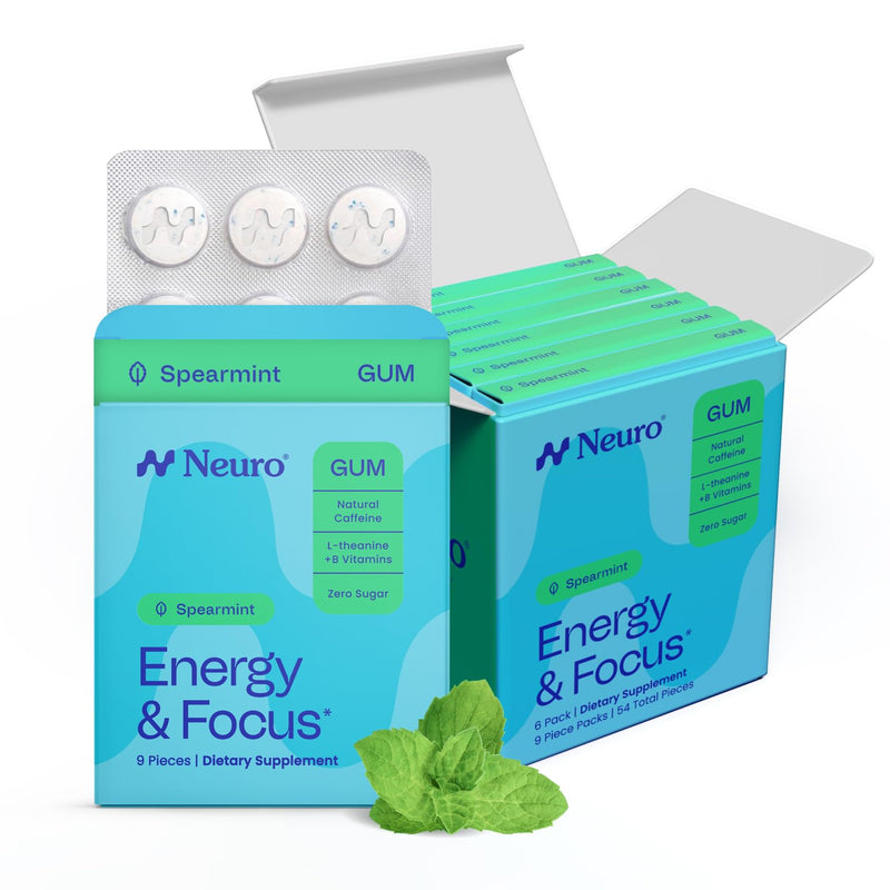 Neuro Energy & Focus Gum, Spearmint, 54 Count | 40mg Natural Caffeine Gum, 60mg L-Theanine, Vitamin B6 + B12, Sugar Free, Vegan, Clean Nootropic Energy & Focus Supplement 9 Count (Pack of 6)