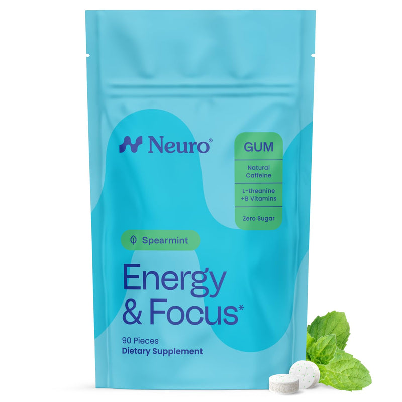 Neuro Energy & Focus Gum, Spearmint, 90 Count | 40mg Natural Caffeine Gum, 60mg L-Theanine, Vitamin B6 + B12, Sugar Free, Vegan, Clean Nootropic Energy & Focus Supplement 90 Count (Pack of 1)