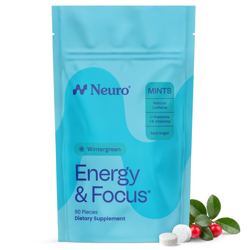 Neuro Energy & Focus Mints, Wintergreen, 90 Count | 40mg Natural Caffeine Mints, 60mg L-Theanine, Vitamin B6 + B12, Sugar Free, Vegan, Clean Nootropic Energy & Focus Supplement 90 Count (Pack of 1)