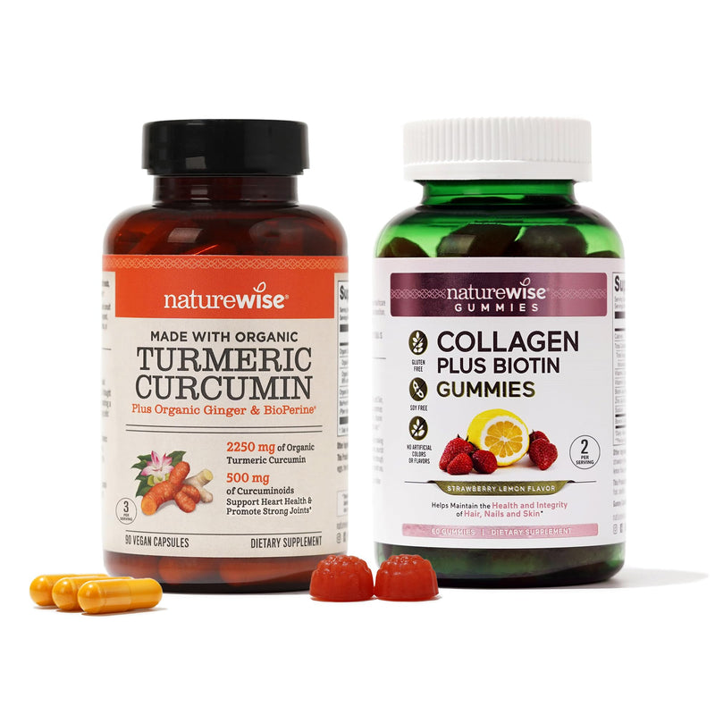 NatureWise Curcumin Turmeric 2250mg w/Black Pepper, 95% Curcuminoids Capsules, 90-Count + Collagen Gummies with Biotin & Vitamin C E, 60-Count - Bundle for Joint & Skin Health - Gluten-Free, Non-GMO