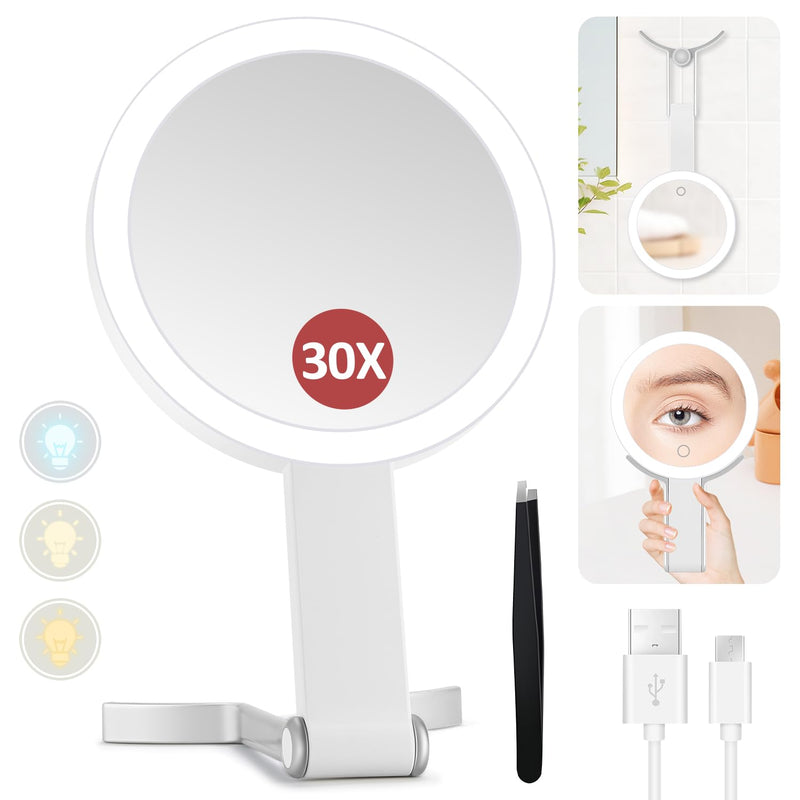 [Australia] - MIYADIVA Lighted Makeup Mirror, 30X Magnifying Mirror with Light and Adjustable Brightness, Hanging and Handheld Mirror with Handle, Portable Travel Makeup Mirror with Lights, Vanity Mirrors for Women White 