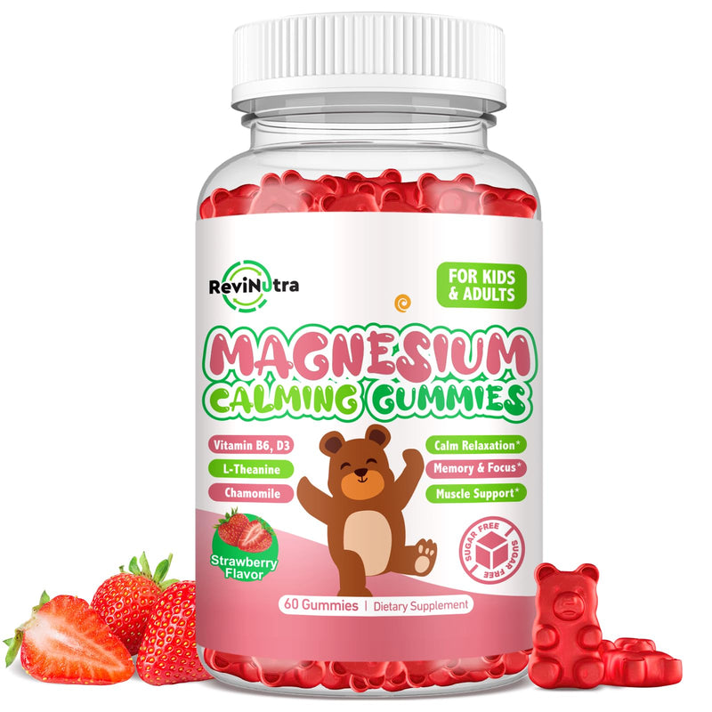 Magnesium Gummies for Kids - Magnesium Glycinate Gummies Supplement with L-Theanine, Vitamin B6, D3 for Kids & Adults Sleep, Calm, Relaxation, Brain, Bones, Sugar Free Strawberry 60ct 60 Count (Pack of 1)