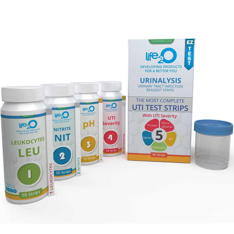 life2O 5-in-1 UTI Test Strips with UTI Severity (Set of 50)- Leukocytes, Nitrite, pH, Protein & Microalbumin - Easy Test Single Parameter Strips - Urine Sample Cup Included