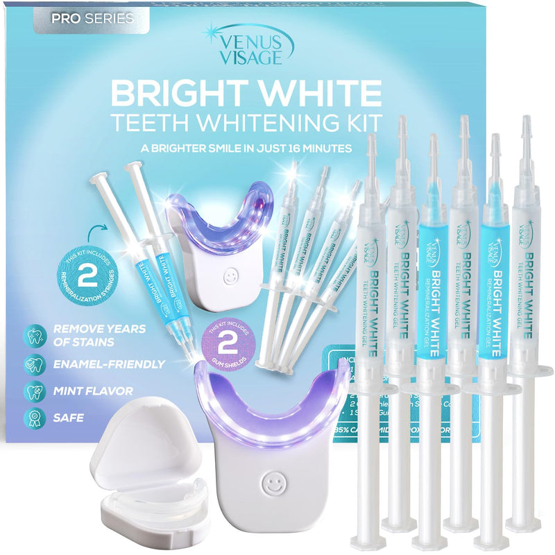 [Australia] - Venus Visage LED Teeth Whitening Kit with 4X 35% Carbamide Peroxide Teeth Whitening Gel Syringes, 2X Remineralization Gel Syringes, Whitener Trays, LED Whitener Device & Shade Guide Kit with Syringes 