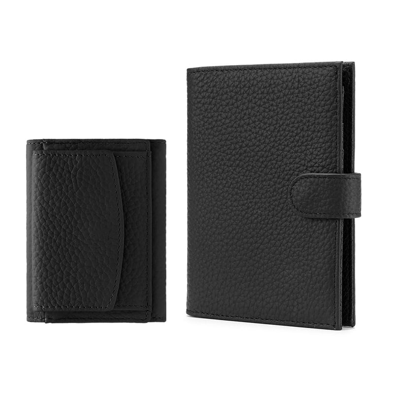Karmiir RFID Blocking Small Leathear Coin Wallet & RFID Blocking Leather Passport Wallet, Black(Same material)