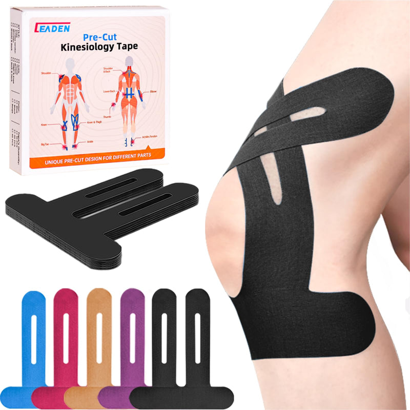 IEADEN Precut Kinesiology Tape for Knees, 20 Pcs - Knee Support & Stability, Knee Pain Relief Athletic Tape - Waterproof & Elastic, Breathable Hypoallergenic Latex-Free Tape, Black