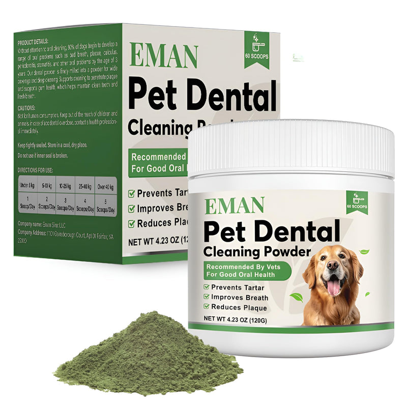 EMAN Dog Teeth Cleaning Powder - Dental Powder for Dogs, Dog Breath Freshener - Targets Tartar, Reduces Plaque & Bad Breath - Suitable for Small, Medium, and Large Dogs (120g) - PawsPlanet Australia