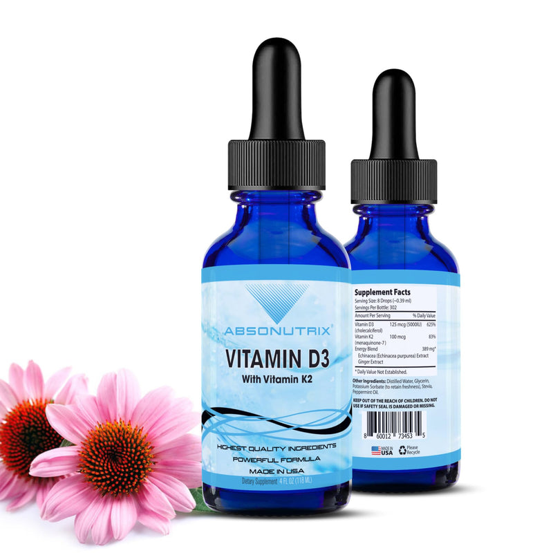 Vitamin D3 K2 Liquid Supplement, 390mg, 4 Oz Liquid | 302 Servings, Made in USA, Quick Absorption, Non-GMO, GMP Certified Vitamin D3 with Vitamin K2