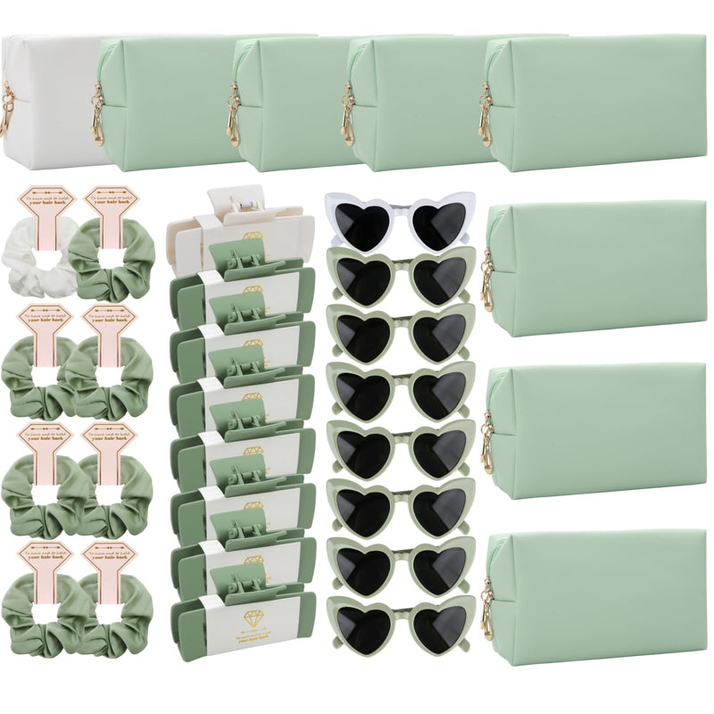 32pcs Bridesmaid Scrunchies Proposal Gifts makeup bag bulk 4.1inch square Hair Claws Bachelorette Hair Clip heart sunglasses 8pack Girls gift for Wedding Party Favors(White&Sage Green)