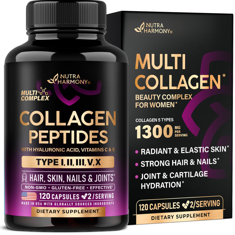 Multi Collagen Peptides 1300mg - Hydrolyzed Types I II III V & X - 120 Caps | Collagen Supplements for Women + Hyaluronic Acid, Vitamin C & E - Skin Hair Nails & Joint Support - Lab Tested, 60-Day Supply 120 Count (Pack of 1)