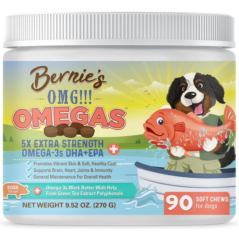 Bernie's OMG!!! Omegas 5X Extra Strength Omega-3s DHA+EPA, Chews with Fish Oil for Dogs, Ultimate Skin & Coat, Works as Dog Allergy Chews, Dog Calming Chews, Joint Supplement. (Pork) Pork - PawsPlanet Australia